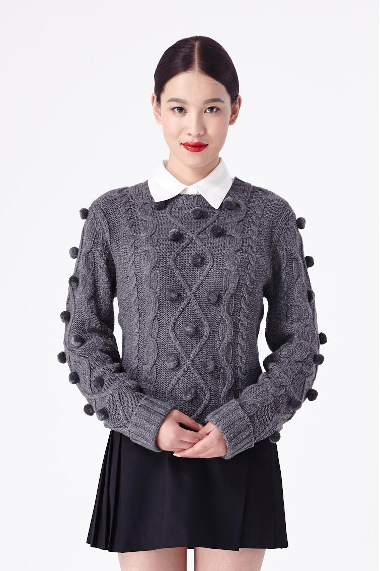 Pom Pom Cable Sweater Grey