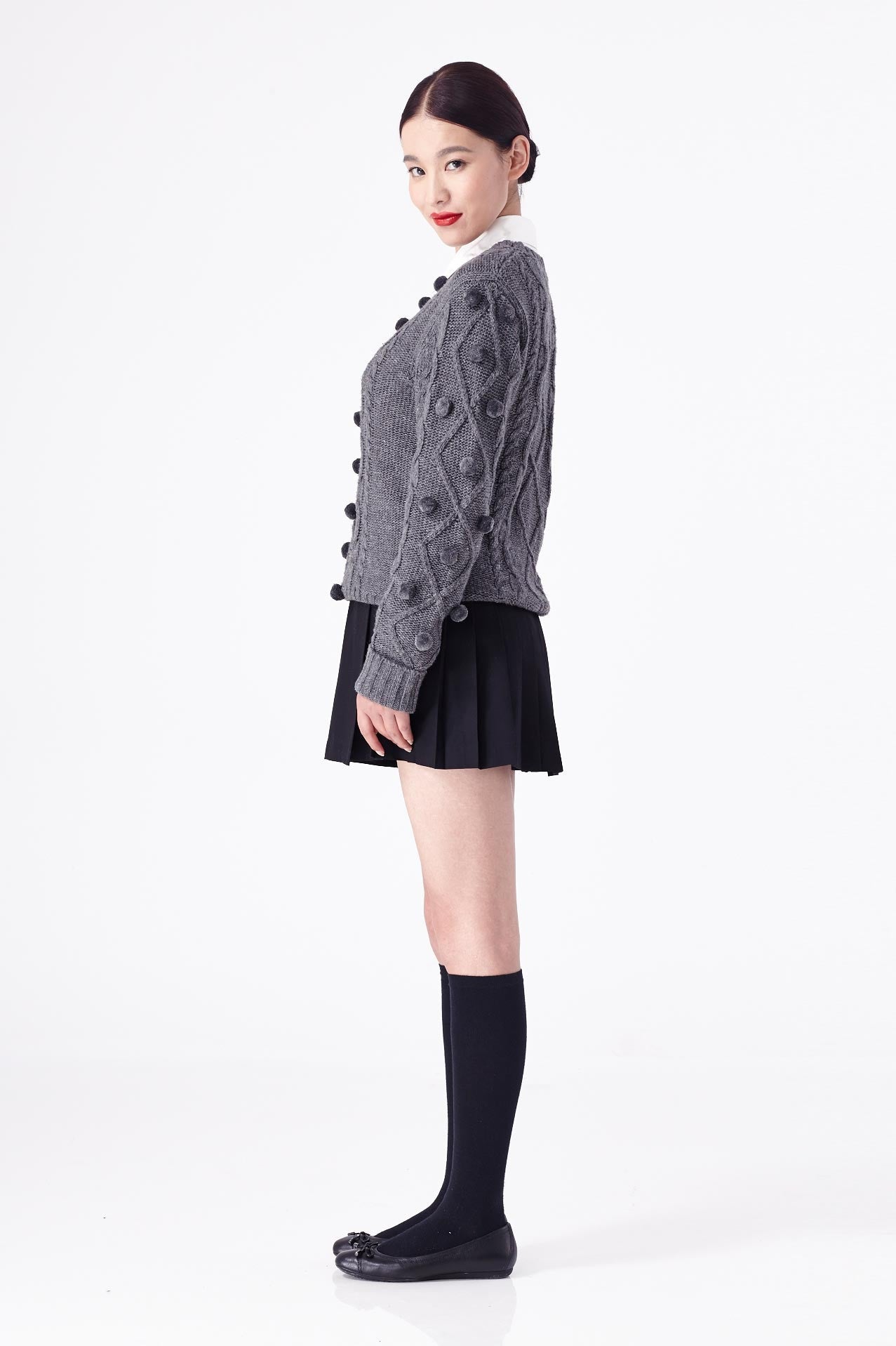 Pom Pom Cable Sweater Grey