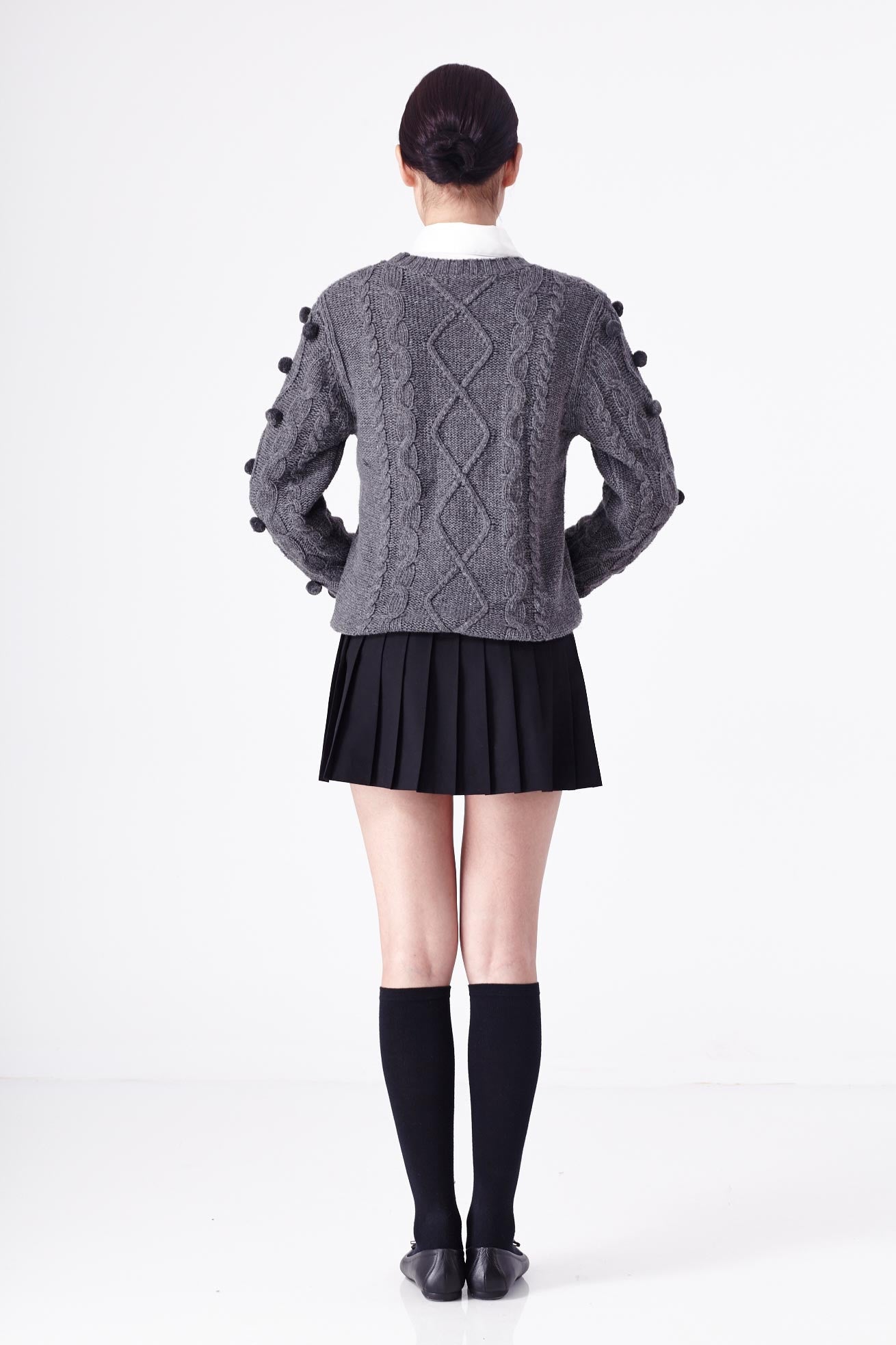 Pom Pom Cable Sweater Grey