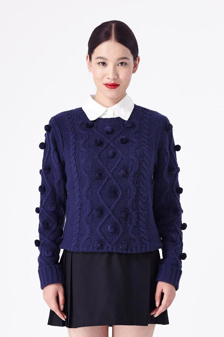 Pom Pom Cable Sweater Navy